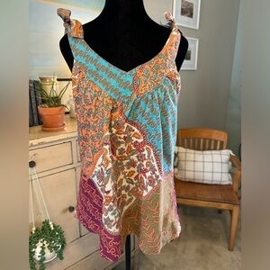 Vintage Joie Small Top Tie Straps Boho Print Women's Cotton Blue Peach Tank Y2K